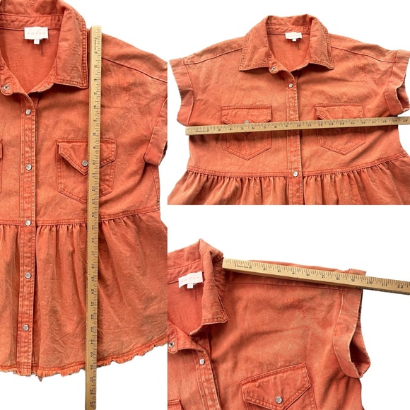 Entro Women’s Sz Small Orange Short Sleeve Button Snap Collared Peplum Denim Top - Picture 4 of 16